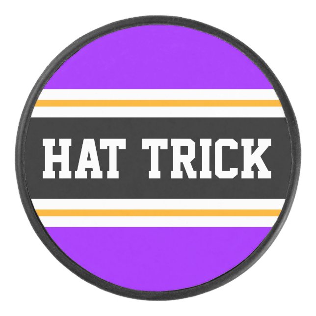 HAT TRICK Vivid Purple Black White Yellow Stripes  Hockey Puck (Front)