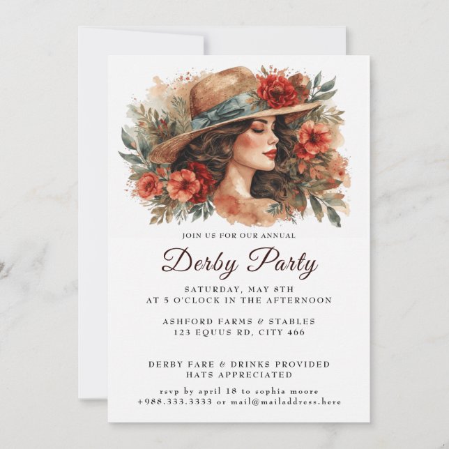 Hat Watercolor Derby Party Invitation (Front)