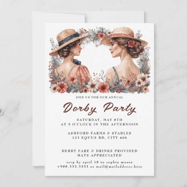  Hat  Watercolor  Derby Party Invitation (Front)