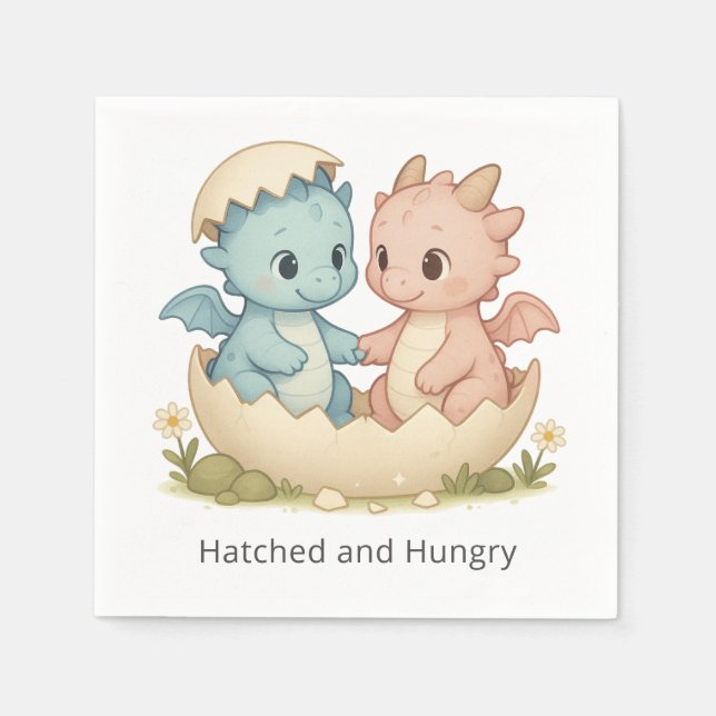 Hatched and Hungry Twin Baby Dragons Party Napkins (Front)