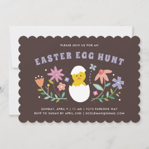 Hatched Floral Easter Egg Hunt Invitation - Brown