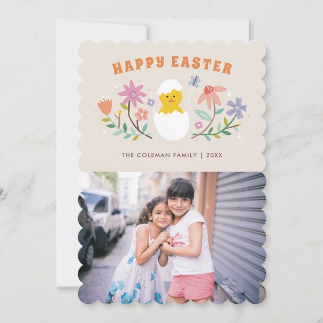Hatched Floral Easter Holiday Photo Card - Beige (Front)