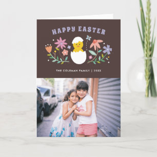 Hatched Floral Easter Holiday Photo Card - Brown