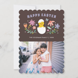 Hatched Floral Easter Holiday Photo Card - Brown