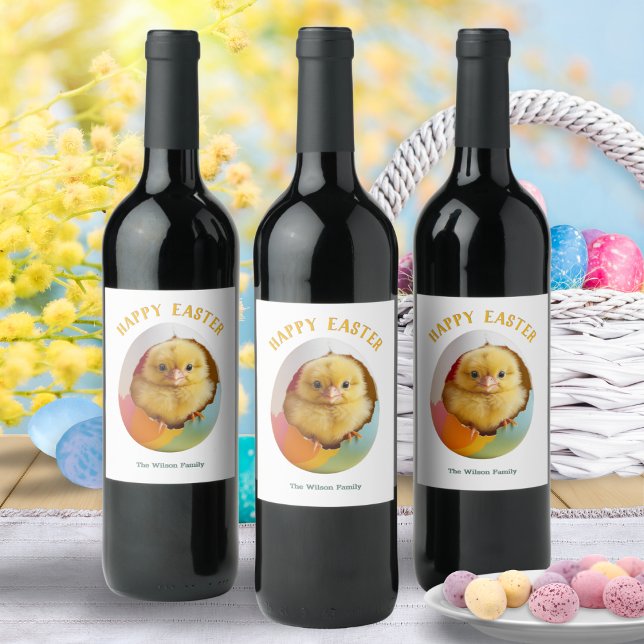 Hatching Chick Colourful Egg Happy Easter Wine Label (Personalized Easter wine labels, each with picture of a yellow chick hatching out of a colorful egg)