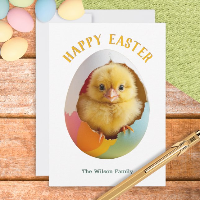 Hatching Chick Colourful Egg Personalised Easter Holiday Card (A card with picture of a cute yellow chick hatching out of a colorful egg, with Happy Easter words)