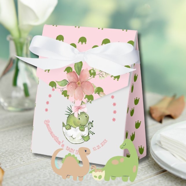 Hatching Dino with Pink Bow Baby Shower  Favour Box (Hatching Dino with Pink Bow Baby Shower Favor Boxes)