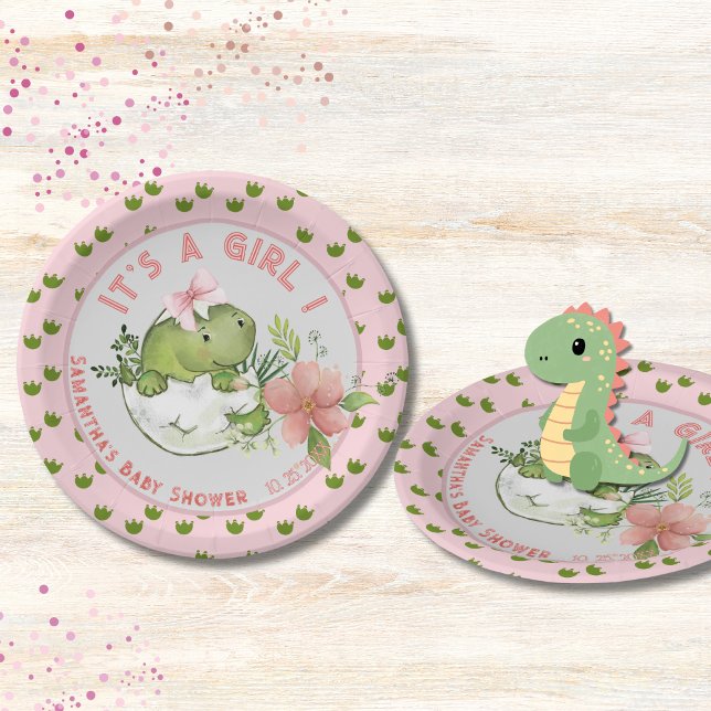 Hatching Dino with Pink Bow Baby Shower Plates (Hatching Dino with Pink Bow Baby Shower Plates)