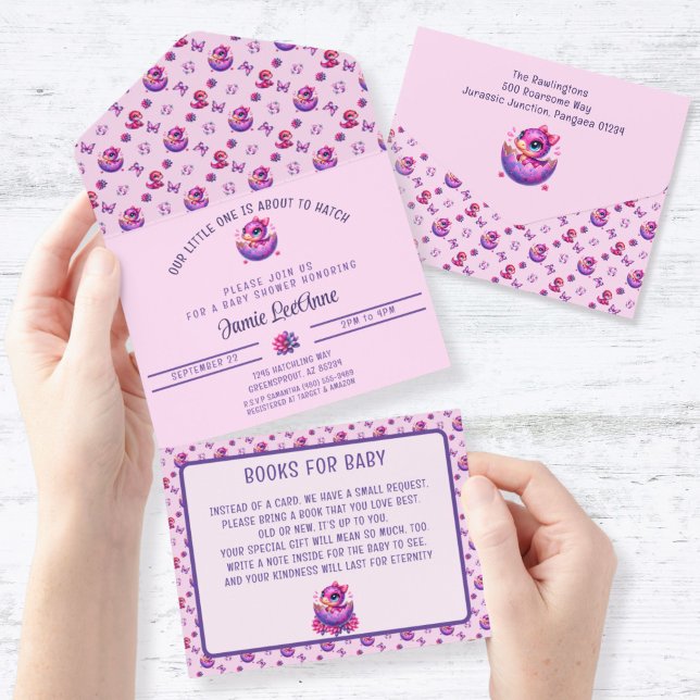 Hatching Soon Baby Pink Dinosaur Baby Shower All In One Invitation ("Hatching Soon" Pink Baby Dinosaur All In One Baby Shower Invitation and Books for Baby)