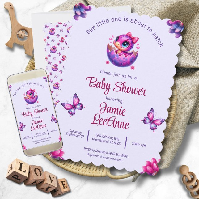 Hatching Soon Baby Purple Dinosaur Baby Shower Invitation ("Hatching Soon" Modern Purple Baby Dinosaur Baby Shower Invitation - Print and Digital)
