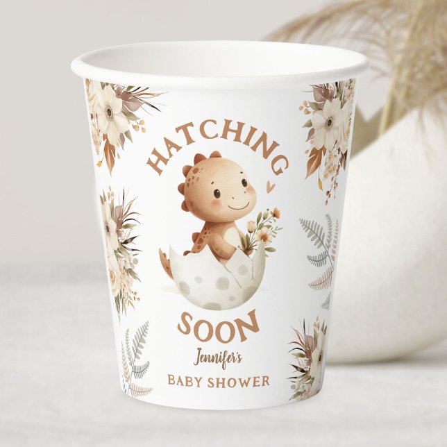 Hatching Soon! Boho Neutral Dinosaur Baby Shower Paper Cups (Creator Uploaded)