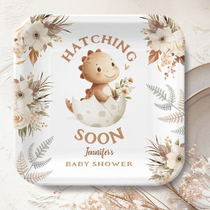 Hatching Soon! Boho Neutral Dinosaur Baby Shower Paper Plate
