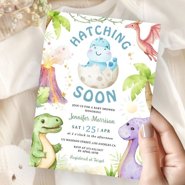 Hatching Soon Boy Dinosaur Baby Shower Invitation (Creator Uploaded)