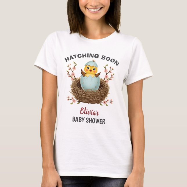 Hatching Soon Cute Chick Baby Shower T-Shirt (Front)