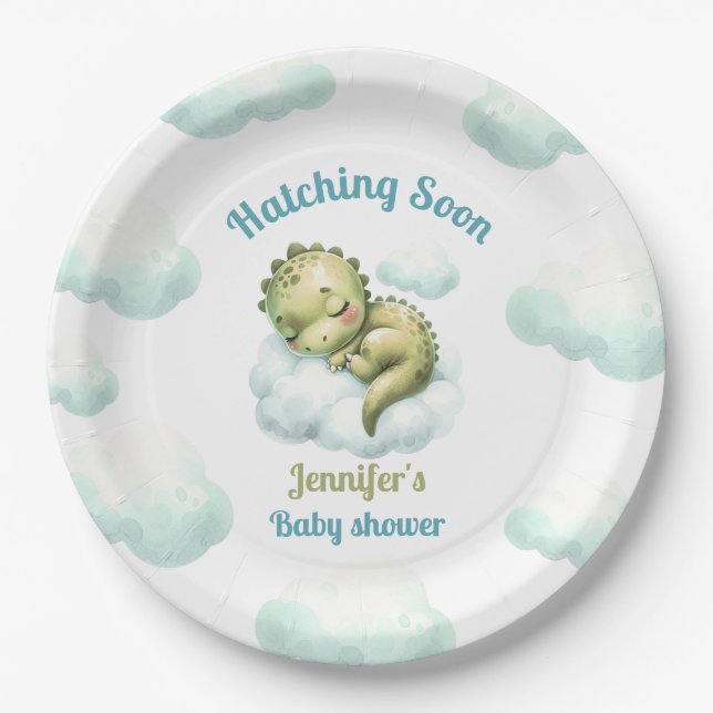 Hatching Soon Cute Dinosaur Blue Boy Baby Shower Paper Plate (Front)