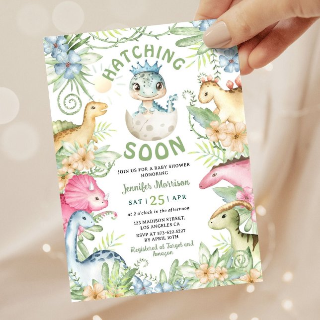 Hatching Soon Dino Boy Dinosaur Baby Shower Invitation (Creator Uploaded)