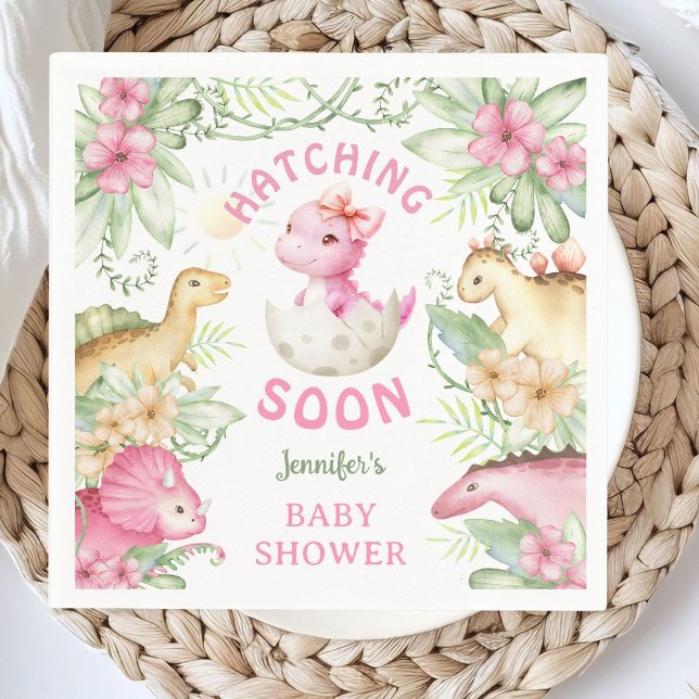 Hatching Soon Dino Girl Dinosaur Baby Shower Napkin (Creator Uploaded)