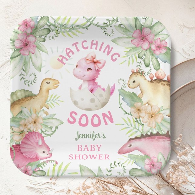 Hatching Soon Dino Girl Dinosaur Baby Shower Paper Plate (Creator Uploaded)