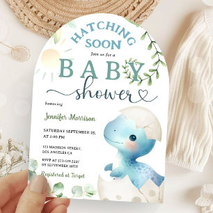 Hatching Soon Dinosaur Baby Shower Boy Blue Cute Invitation