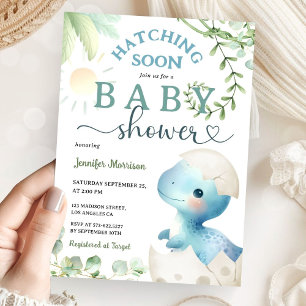 Hatching Soon Dinosaur Baby Shower Boy Blue Cute Invitation
