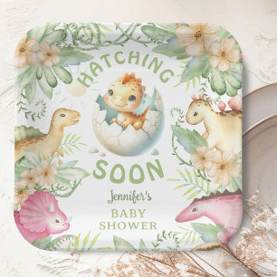 Hatching Soon Dinosaur Baby Shower Gender Neutral  Paper Plate