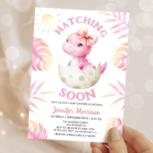 Hatching Soon Dinosaur Baby Shower Girl Pink Dino Invitation