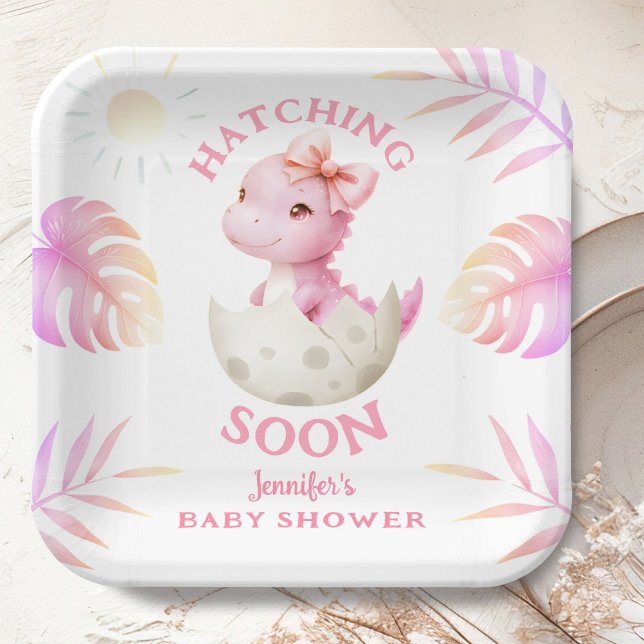 Hatching Soon Dinosaur Baby Shower Girl Pink Paper Plate (Creator Uploaded)