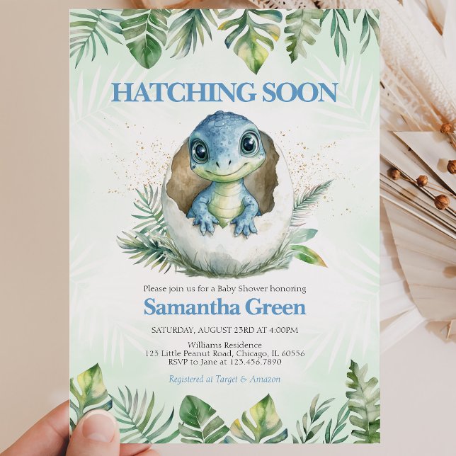  Hatching Soon Dinosaur Baby Shower Invitation (Creator Uploaded)