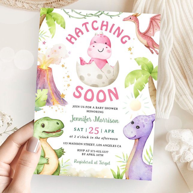 Hatching Soon Girl Dinosaur Baby Shower Invitation (Creator Uploaded)