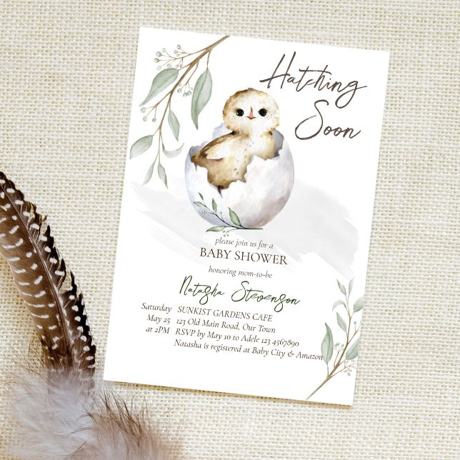 Hatching soon little bird inside egg baby shower invitation (Creator Uploaded)