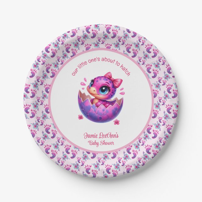 "Hatching Soon" Pink Dinosaur Baby Shower Paper Plate (Front)