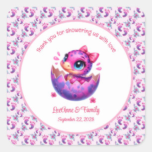 "Hatching Soon" Pink Dinosaur Baby Shower Square Sticker