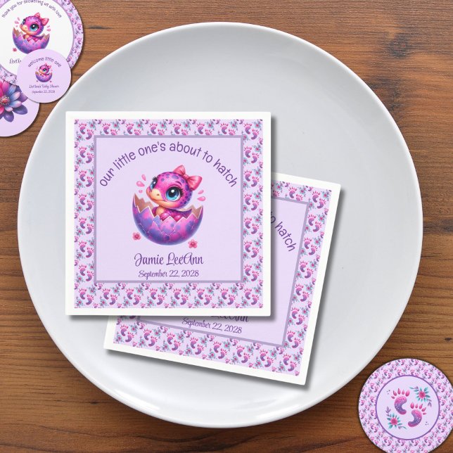 "Hatching Soon" Purple Dinosaur Baby Shower Napkin ("Hatching Soon" Dinosaur Baby Shower Lavender Napkins)
