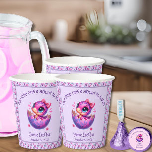 "Hatching Soon" Purple Dinosaur Baby Shower Paper Cups