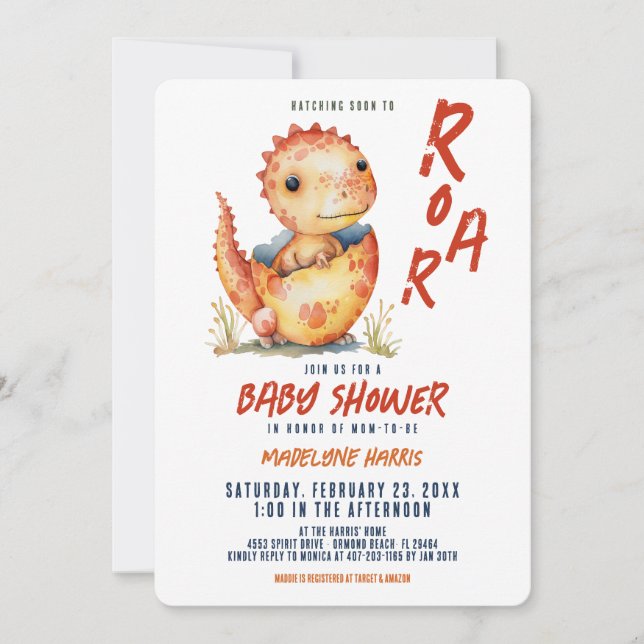 Hatching Soon to Roar Dinosaur Egg Baby  Invitation (Front)