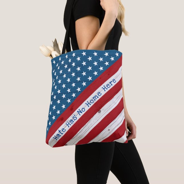 Hate Has No Home Here USA Patriotic Rustic Flag Tote Bag (Close Up)