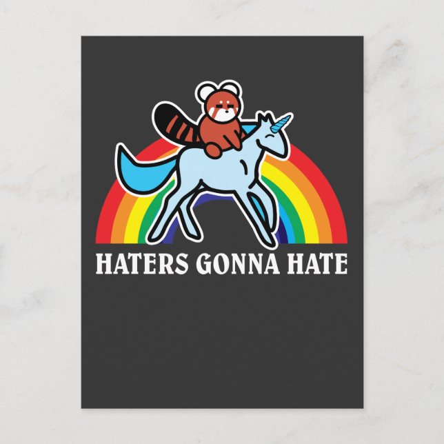 Haters Gonna Hate Funny Red Panda Riding Unicorn Postcard (Front)