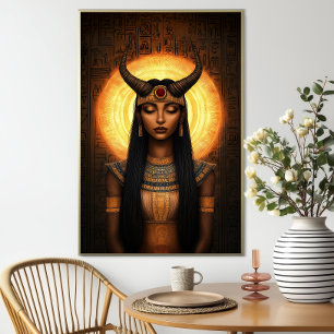Hathor Egyptian Horned Goddess Gold Brown Art Poster
