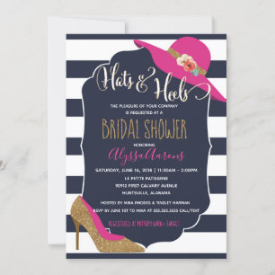 Hats & Heels Navy Blue Pink Bridal Shower Invitation