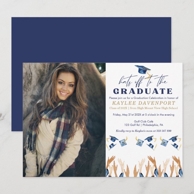 Hats off Graduation party photo Invitation (Front/Back)