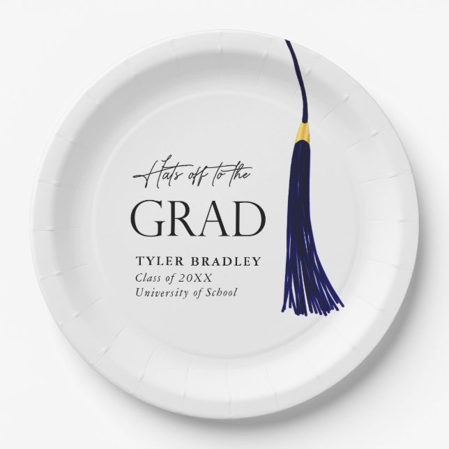 Hats Off To Grad Blue & Gold Tassel Graduation Paper Plate (Front)