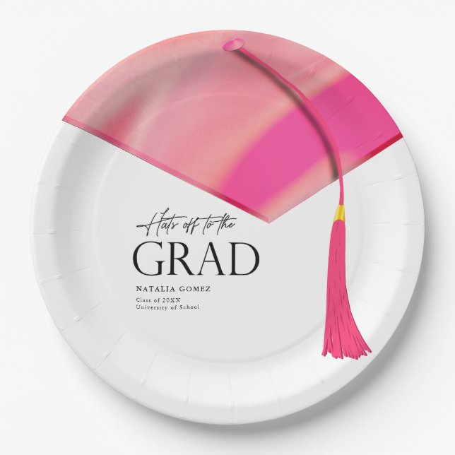Hats Off To Grad Holographic Pink Gold Graduation Paper Plate (Front)