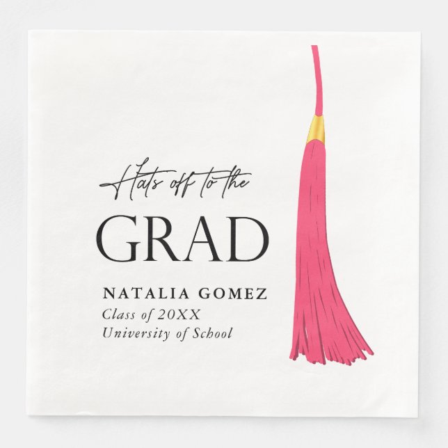 Hats Off To Grad Pink & Gold Tassel Graduation Napkin (Front)