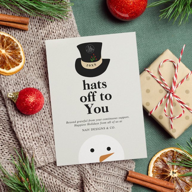 Hats Off To You Snowman Black White Company Logo Holiday Card (Creator Uploaded)