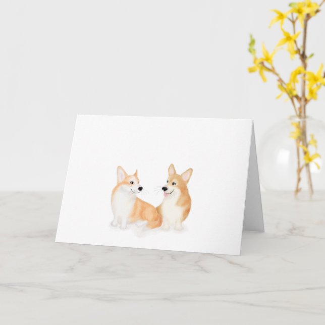 Hattie and Leah Pembroke Welsh corgis blank card (Yellow Flower)