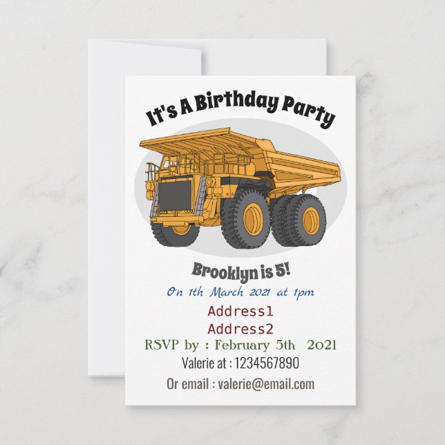 Haul truck cartoon illustration invitation (Front)
