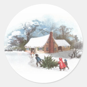 Hauling the Tree Home Vintage Christmas Classic Round Sticker