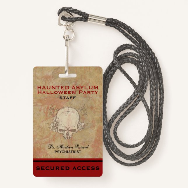 Haunted Asylum Halloween Party Staff ID Badge (Front with Lanyard)