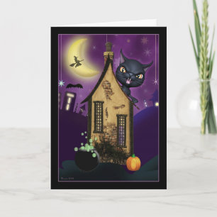 Haunted Black Cat Witch House Blank Greeting Card