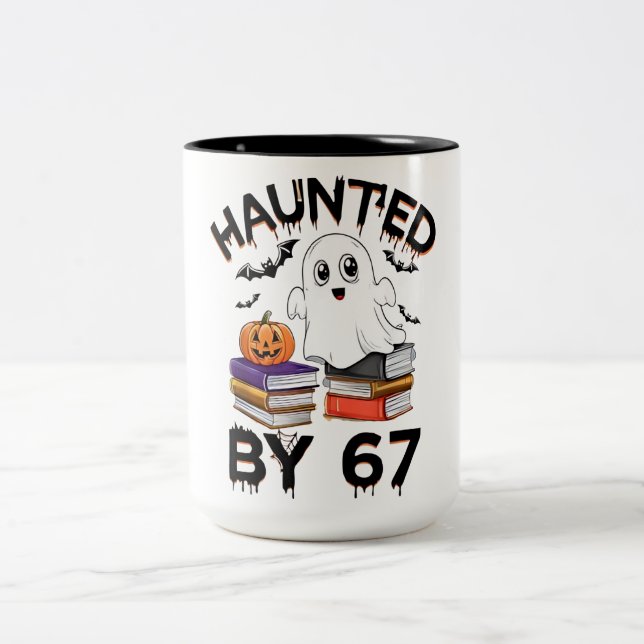 Haunted by 67 - Funny Boo Ghost Pumpkin Halloween  Two-Tone Coffee Mug (Center)